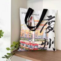 White Long Canvas Tote Bag with Guangzhou City Landmarks Print | 36x39cm Spacious Shopping Bag for Travel & Daily Use