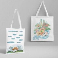 White Long Canvas Tote Bag with Kunming City Landmarks Print | 36x39cm Spacious Shopping Bag for Travel & Daily Use