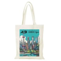 White Long Canvas Tote Bag with Shanghai City Landmarks Print | 36x39cm Spacious Shopping Bag for Travel & Daily Use