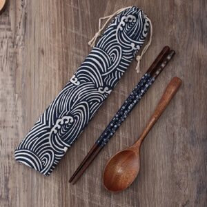Portable Wooden Chopsticks and Spoon Set with Patterned Fabric Pouches - Image 2