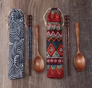 Portable Wooden Chopsticks and Spoon Set with Patterned Fabric Pouches