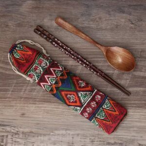 Portable Wooden Chopsticks and Spoon Set with Patterned Fabric Pouches - Image 3