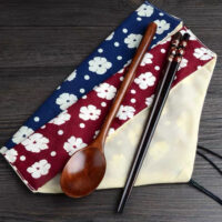 Portable Wooden Chopsticks and Spoon Set with Flower Pattern Pouches