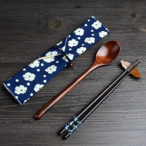 Portable Wooden Chopsticks and Spoon Set with Flower Pattern Pouches - Image 2