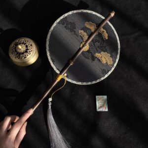 Traditional Chinese Round Hand Fan with Bamboo Handle - Image 11