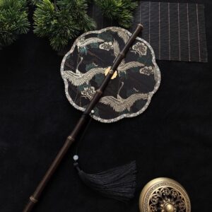 Traditional Chinese Round Hand Fan with Bamboo Handle - Image 3