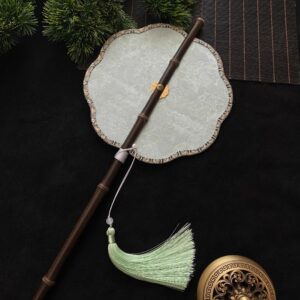 Traditional Chinese Round Hand Fan with Bamboo Handle - Image 2